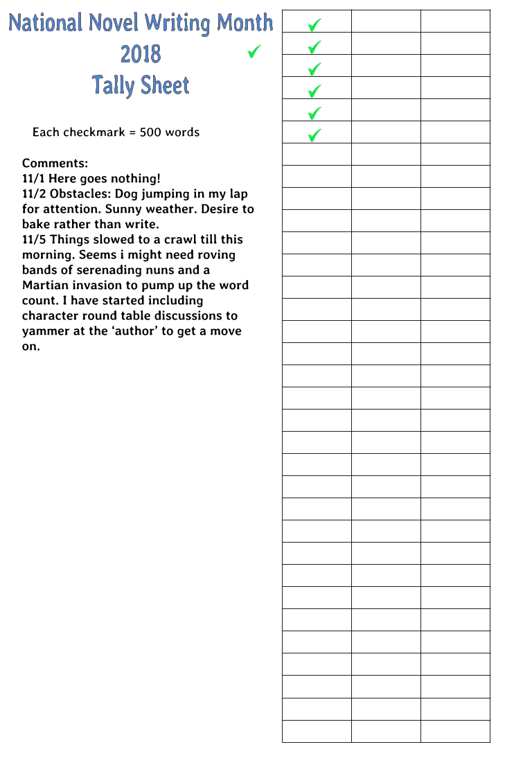 National Novel Writing Month 2018 Tally Sheet nov 5