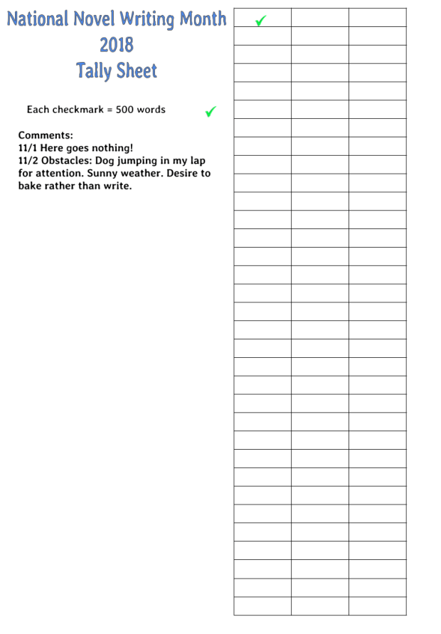 National Novel Writing Month 2018 Tally Sheet