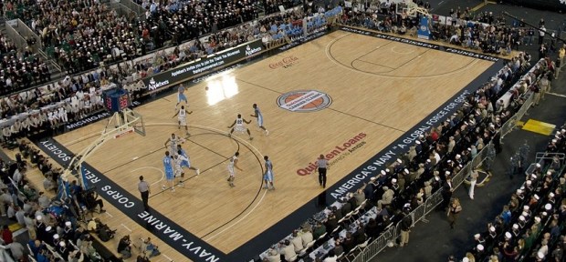 aerial view of a college basketball game being played