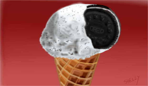 ice cream cone with Oreo cookie lodged in ice cream